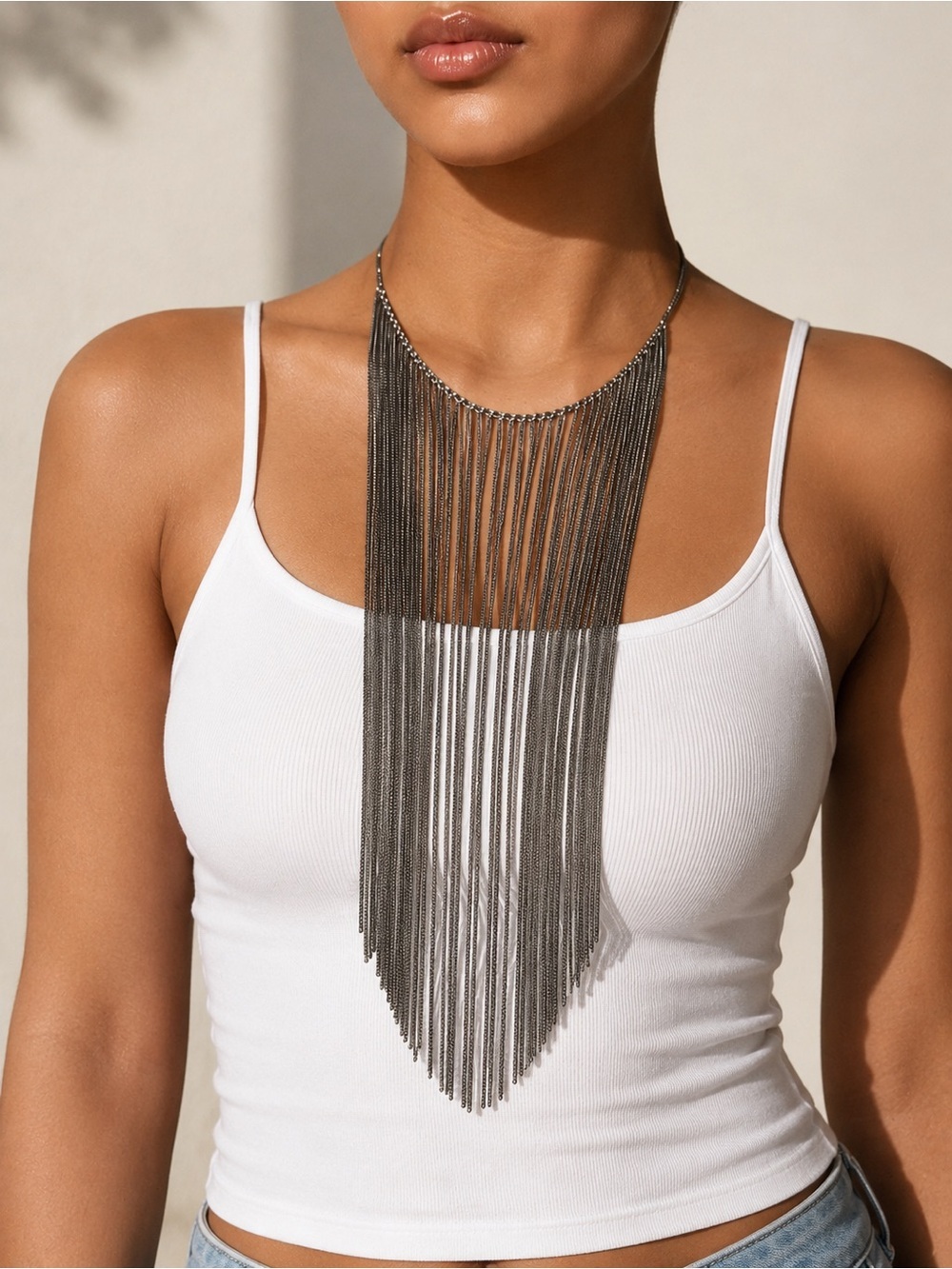 Dramatic Silver Fringe Statement Necklace for Women